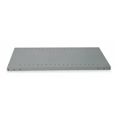 Solid steel shelf for standard metal shelving systems. Constructed from 20-gauge steel with a dark gray powder-coated finish. Overall width 48 inches, depth 18 inches. Sold as a pack of five shelves. Suitable for warehouse and industrial storage applications.