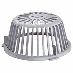 This dome strainer is designed for use with roof drain assemblies to filter debris. It features an unfinished aluminum construction with an 11 1/8-inch overall diameter and a 5 1/4-inch overall height. The flanged connection allows for secure installation on compatible roof drains.