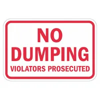 This aluminum sign displays a no dumping warning with violators prosecuted message. It features an Engineer Grade retroreflective finish for visibility in low light and includes mounting holes for attachment to posts or walls. Nominal size is 12 in x 18 in