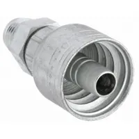 Straight steel hydraulic hose fitting with JIC male x crimp connection for -6 hose dash size. Features 9/16-18 thread size and male x genderless gender. Used to connect hydraulic hoses to JIC ports in fluid power systems