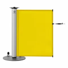 Single-post retractable belt barrier system with 40-inch post height and 11 1/2 ft yellow round-flat belt (no pattern). Gray base. Used for pedestrian flow management, hazard marking, and traffic guidance in industrial settings.