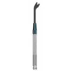 This SAE single end open end wrench features an interchangeable handle design, allowing the user to swap heads for different sizes. Made from alloy steel with a black oxide finish, it has a 5/64 in head size and 3 in overall length. Suitable for tightening or loosening fasteners in confined spaces where a standard wrench cannot fit.
