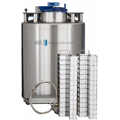 This cryogenic storage system is constructed of stainless steel with a 34 in overall diameter. It includes an inventory carousel for organized sample access. Used for long-term preservation of biological samples in liquid nitrogen, suitable for laboratory and biobank environments.