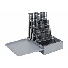 This 60-piece set of high-speed steel screw-machine length drill bits covers sizes #60 to #1. Each bit features a 135° split point and black oxide finish. The set is suited for general-purpose drilling in metal, wood, and plastic, particularly in applications requiring short, rigid bits for precise holes in confined spaces.