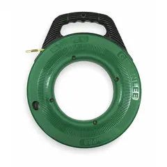 Non-conductive fish tape with round tape shape, 100 ft length, and manual wind retraction. Features a winder slide for controlled payout and retrieval. Case diameter is 13 in. Used for pulling cables through conduit in electrical installations.