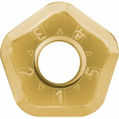 This indexable milling insert features a pentagon shape with multiple cutting edges for high-feed milling operations. It is suited for roughing and semi-finishing in steel, stainless steel, and cast iron applications across general engineering and mold-making.