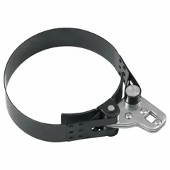 This socket-driven oil filter wrench features a steel strap with 1-1/2 in width and a 1/2 in drive size. It is used for removing and installing spin-on oil filters on engines and machinery in automotive, industrial, and heavy-equipment maintenance applications.
