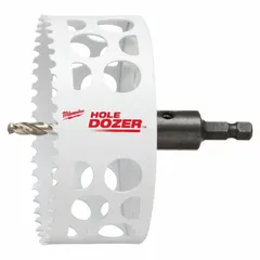 Bi-metal hole saw with attached arbor for cutting wood, metal, and plastic. Features 3/5 teeth per inch and a maximum cutting depth of 1-5/8 in. Suitable for general construction, electrical, and plumbing applications.
