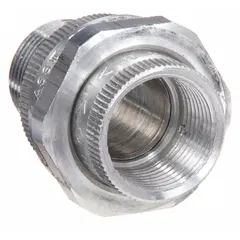 Straight union for connecting conduit to box. Aluminum construction with plain finish. 1/2 in FNPT x 1/2 in MNPT threaded ends. Used in electrical conduit systems to join female and male threaded conduit ends.