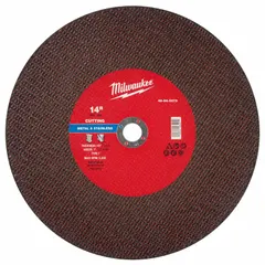 General-purpose cut-off wheel for carbon and stainless steel. Type 1 design, 14-inch diameter, 1/8-inch thickness, with a 1-inch arbor. Aluminum oxide abrasive, 30 grit. Suitable for cutting ferrous metals in fabrication and maintenance tasks.