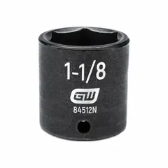This 1/2" drive impact socket features a 1-1/8 in SAE hex size with a 6-point configuration. The black oxide finish provides corrosion resistance. It is used with impact wrenches for fastening and loosening hex fasteners in automotive, industrial, and maintenance applications.