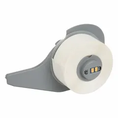 Polyester continuous label roll, 3/4 in x 20 ft, white matte finish for indoor use. Features a removable and repositionable adhesive, suitable for temporary or adjustable labeling. Compatible with BMP71 printer series. Used for asset tracking, cable marking, and general identification in industrial environments.