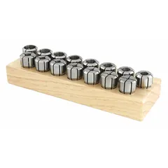 This 33-piece DA collet set covers fractional inch sizes from 1/16 in to 9/16 in for use with DA100 toolholders. Designed for industrial toolholding, it provides concentric gripping of cutting tools such as end mills and drills in CNC machining centers. Suitable for milling, drilling, and boring operations in metalworking environments.