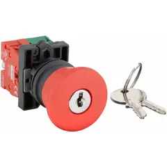 This mushroom-head push button features a maintained action, keeping the circuit open until manually reset. It has a non-metallic push button material and a 22 mm mounting hole. Suitable for use in industrial control panels and machinery as a latching emergency stop device.