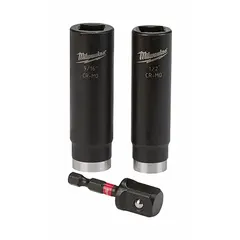 This 3-piece SAE impact socket set includes 1/2 in, 3/8 in, and 9/16 in sockets with a 1/2 in drive. Designed for use with impact wrenches in heavy-duty fastening and loosening tasks. Friction retention mechanism secures sockets to the drive tool.