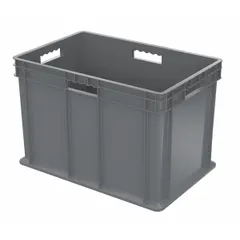 This plastic straight-wall container measures 23 3/4 in x 15 3/4 in x 16 1/8 in and is stacking capable for vertical storage. Suitable for organizing and transporting parts, tools, or bulk materials in industrial and warehouse settings.