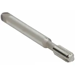 Thread-forming tap for ductile materials such as aluminum, brass, and low-carbon steel. Size #4-40 UNC with H5 tolerance and bottoming chamfer for threading close to the bottom of blind holes. Made from high-speed steel. Produces chip-free threads.