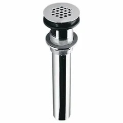 Brass sink drain with chrome finish and flat strainer. Includes grid strainer assembly, rubber gasket, slip washer, and flange nut. Overall height 8-1/2 inches, diameter 1-1/4 inches, threaded connection. No overflow. For use in kitchen, restroom, or light industrial sinks to drain water while capturing debris.