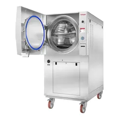 This HEIDOLPH autoclave operates at 230V with a maximum temperature of 140°C and temperature accuracy of -1°C/3°C. It features pre and post vacuum cycles for efficient air removal from tubing, glassware, pouches, wrapped tools, and garments. Overall dimensions are 28 3/4 in width by 46 in depth. Suitable for general-purpose sterilization in laboratory and healthcare settings.