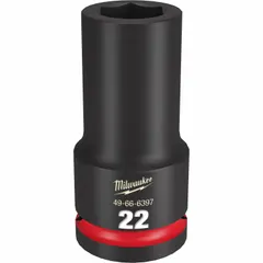 This 3/4" drive impact socket features a 22 mm metric, 6-point, deep design with a black phosphate finish and friction retention mechanism. It is intended for use with impact tools in heavy-duty fastening applications requiring high torque and access to recessed fasteners.