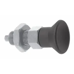 Nonlocking indexing plunger with pull-knob and jam nut for precise positioning and locking of moving parts in industrial machinery. Body is 18-8 stainless steel; plunger is 400 series stainless steel. Thread size M16x1.5. Suitable for jigs, fixtures, and assembly line indexing operations.