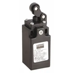 This top-mount limit switch features a non-metallic roller arm plunger actuator for position sensing of moving machinery parts. It includes a 14 NPT conduit wiring entry for electrical connection. Typical applications include industrial automation, conveyor systems, and packaging equipment for end-of-travel or presence detection.
