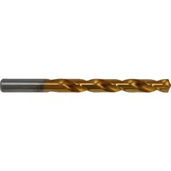 This TiN-coated high-speed steel drill bit conforms to NAS 907 Type B specifications for aerospace applications. The 135° split point reduces walking and improves accuracy when drilling hard metals. Suitable for precision holemaking in aircraft maintenance and manufacturing where tight tolerances are required.