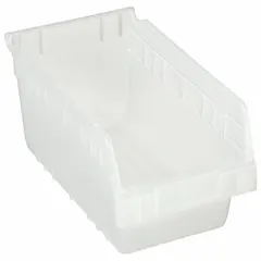 This clear plastic shelf bin is designed for organizing small parts and components on industrial shelving. It measures 11 5/8 inches overall length by 6 5/8 inches wide and 6 inches high. The bin is nesting capable for space-saving storage when not in use, but is not hangable. It is not electrostatic discharge conductive and does not include dividers.