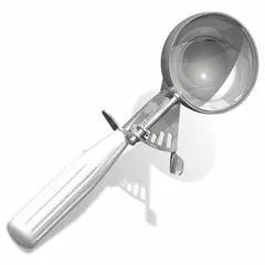 CRESTWARE D06 Thumb Disher with #6 scoop size, 4.7 oz capacity, and 3 in bowl diameter. Constructed of 18-8 stainless steel and plastic, NSF certified for sanitation. Used for portioning foods such as dough, batter, or ice cream in commercial food service operations.