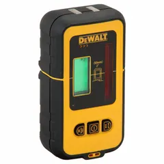 This laser level receiver detects laser beams for use in bright ambient light or over long distances. It operates on a 9V battery and includes a clamp for attachment to surfaces or grade rods. Compatible with DEWALT models DW0811, DW0822, DW0851, DW088K, and DW089K.