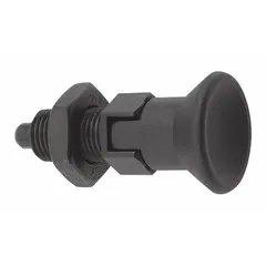 This locking pull-knob indexing plunger is used for precise positioning and locking of moving parts in jigs, fixtures, and machinery. It features a steel construction, M8x1 thread, and a nose force range of 6 N to 12 N. Includes a jam nut for secure installation.
