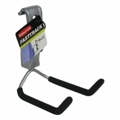 Steel wide dual hook for wall-mount track systems. Measures 4.3 in x 6.5 in x 3 in with a 25 lb load capacity. Used for hanging tools, equipment, or accessories in garages, workshops, or industrial storage areas.