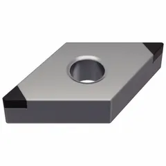 Cubic boron nitride (CBN) indexable turning insert with negative rake geometry, designed for finishing and semi-finishing operations on hardened steels and superalloys. Suitable for use in automotive, aerospace, and general machining applications requiring high wear resistance and surface finish.