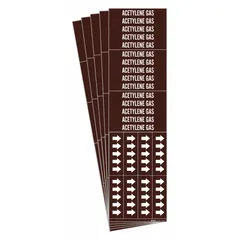 These adhesive pipe markers feature a brown background with white legend text reading 'Acetylene Gas' and include directional arrows. Each pack contains 5 markers, with 3 pipe markers per pack, designed for pipes with an outside diameter of 3/4 in and smaller. Used for identifying acetylene gas lines in piping systems.