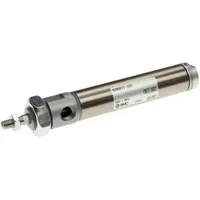This SMC nose mount cylinder features a stainless steel body and a 2 in stroke. It is designed for pneumatic linear motion in industrial automation, with a non-rotating rod for precise positioning. The rubber cushion reduces impact at stroke ends. Suitable for packaging, material handling, and assembly applications