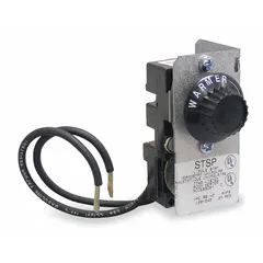 Mechanical selector dial thermostat for electric floor heating systems. Operates at 120/240V AC with a temperature control range of 45° to 85°F. Non-programmable design provides simple manual adjustment. Includes instruction manual.