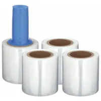 This handle with brake stretch wrap is designed for manual wrapping of boxes, pallets, and irregular loads without a machine. Each roll measures 3 inches wide by 650 feet long, clear in color. Sold in a 4-pack