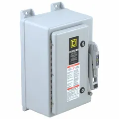 The SQUARE D H364DF is a 200 A, three-phase fusible safety switch rated for 600V AC. Its non-metallic enclosure allows for both indoor and outdoor installation. This switch is used to safely disconnect electrical power for maintenance or emergency shutdown in industrial and commercial three-phase systems, providing overcurrent protection when fitted with fuses.