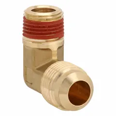 Brass flared/threaded 45-degree elbow for connecting 3/4 in OD tube to 1/2 in pipe. Meets SAE J513. Used in hydraulic, pneumatic, and lubrication systems for leak-resistant joints.