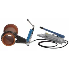Hydraulic pipe cutter for cast iron pipes from 2 in to 12 in diameter. Operates with a hand pump and supports a maximum pressure of 9,000 psi. Used in plumbing, water main, and industrial piping applications for clean, square cuts on heavy-wall cast iron pipe.
