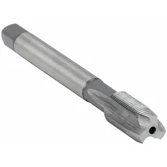 This spiral-point tap is designed for through-hole threading in ferrous and non-ferrous materials. The spiral point design pushes chips forward, preventing clogging and ensuring clean threads. It features an M8x1.25 metric thread, 6H tolerance class, 3 flutes, and a plug chamfer, made from cobalt high-speed steel.