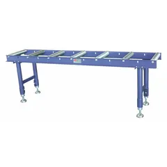 This steel roller support table provides a low-friction surface for handling long workpieces in industrial material handling applications. With a roller width of 14 1/8 in, overall width of 17 3/8 in, and overall length of 6 ft 8 in, it supports materials during cutting, feeding, or assembly. The steel stand has a gray finish and a minimum height of 25 1/2 in.