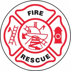 2 1/4 in diameter circle label with English text. Engineer-grade retroreflective material enhances visibility in low-light conditions. Single label supplied. Used to identify fire rescue personnel on hard hats in industrial and emergency response settings.