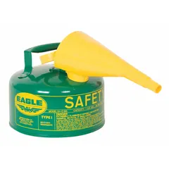 Type I safety can for handling and dispensing flammable liquids such as oil. Constructed from powder coated steel with a 1 gallon capacity. Includes a funnel for controlled pouring. Suitable for use in industrial settings like machine shops and maintenance areas.