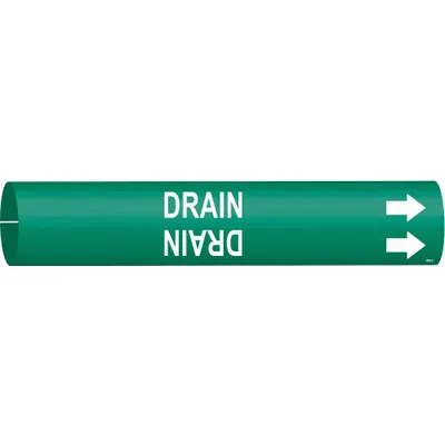 BRADY Pipe Marker: Drain, Green, White, Fits 2 1/2 to 3 7/8 in Pipe O.D., 1 Pipe Markers - Drain Snap-On Pipe Markers