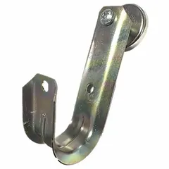 Wall mount J-hook with magnetic mount without locking latch for drop ceiling channel. Made of mild carbon steel with yellow finish. Maximum load capacity 17 lb. Used for suspending cables, wires, or light fixtures in commercial or industrial settings where temporary or adjustable overhead support is needed.