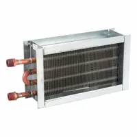 Flanged hydronic coil for ducted HVAC systems. Flow capacity 0.9 gpm. 1/1 feed/row configuration. Fin size 12 in x 6 in. Casing 8 in x 14 in x 4 in. Entering/leaving temperatures 55°F/76°F