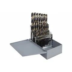 This 29-piece set of high-speed steel jobber-length drill bits covers sizes from 1/16" to 1/2" in 1/64" increments. Each bit features a 135° split point for reduced walking and a 3-flats shank for secure chuck grip. Supplied in a metal index case, these bits are suited for general-purpose drilling in metal, wood, and plastic in maintenance, fabrication, and production applications.