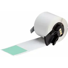 Precut vinyl wraparound label with green matte finish, measuring 6 in x 1 1/2 in. Designed for wire diameters from 0.64 in to 1.43 in. Compatible with BMP61 printer series and requires M61-R4310 ribbon. Used for color-coded identification of wires in industrial electrical and panel building applications.