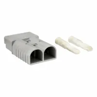 Two-pole plug-in connector for high-current power distribution in industrial equipment, battery systems, and heavy machinery. Accepts 2/0 ga wire with a maximum wire diameter of 0.484 in. Rated for 10,000 mating cycles, suitable for frequent disconnect applications. Color: Gray